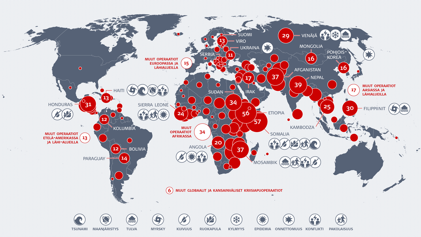 Suomen Punaisen Ristin tukemat kansainväliset katastrofiavun operaatiot 40 vuoden aikana (vuoteen 2020 mennessä). 